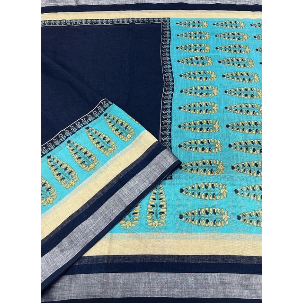 Women's Cotton Linen Printed Saree With Unstitched Blouse 5.5Mtr (Blue) - Image 4