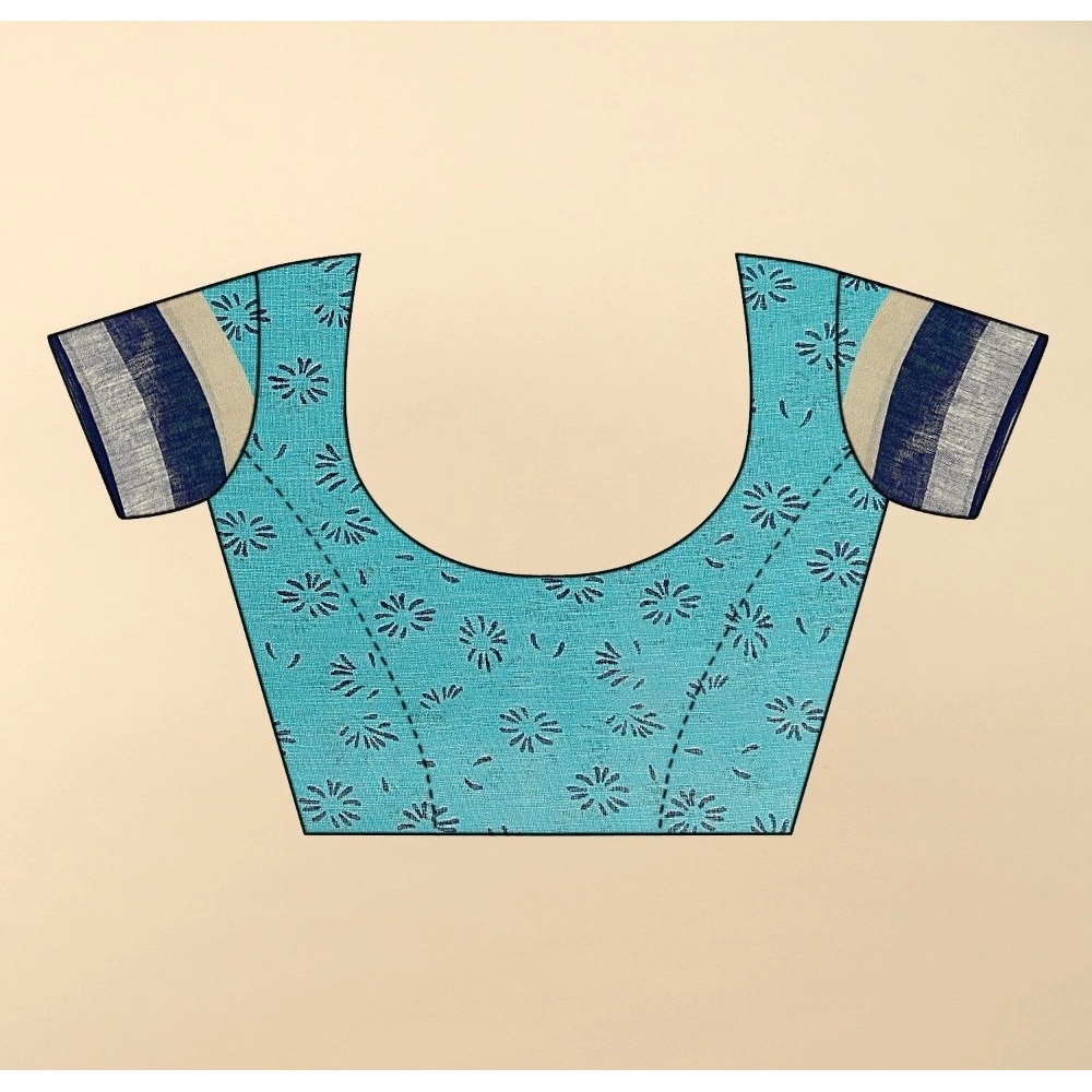 Women's Cotton Linen Printed Saree With Unstitched Blouse 5.5Mtr (Blue) - Image 3