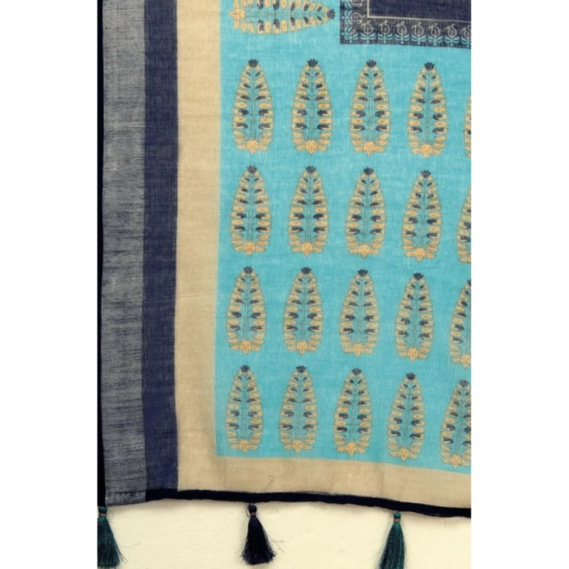 Alternative view of Women's Cotton Linen Printed Saree With Unstitched Blouse 5.5Mtr (Blue)