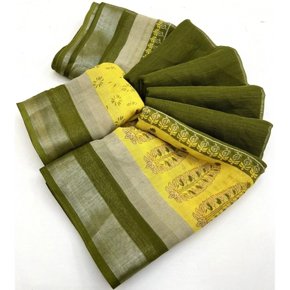 Women's Cotton Linen Printed Saree With Unstitched Blouse 5.5Mtr (Green)