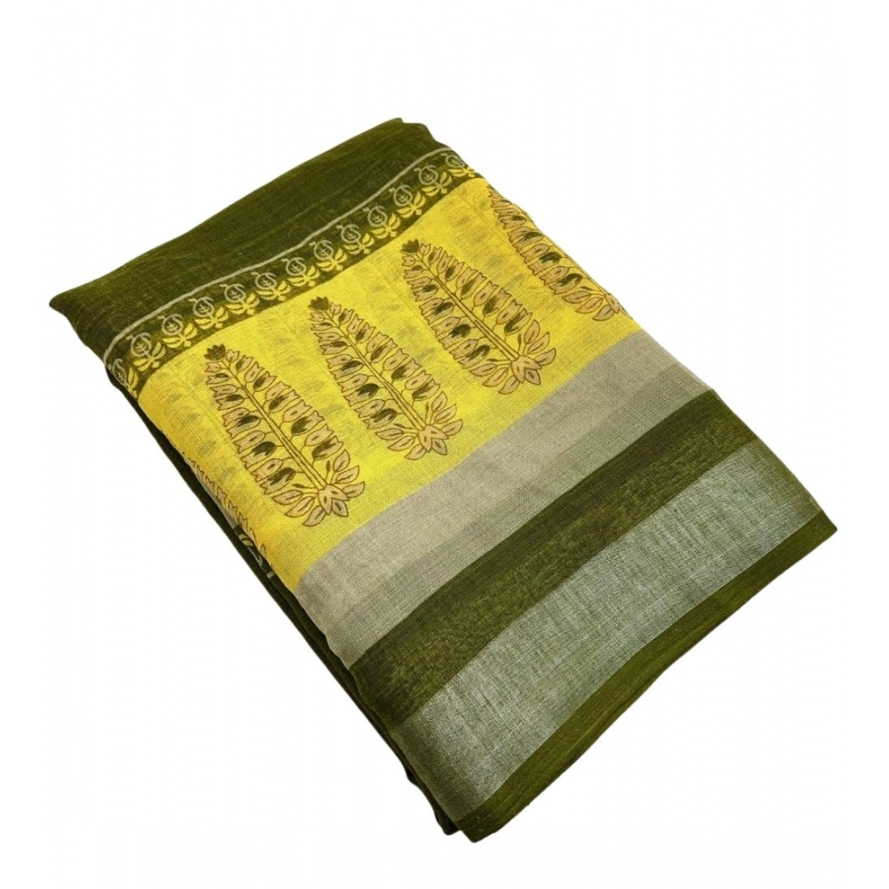 Women's Cotton Linen Printed Saree With Unstitched Blouse 5.5Mtr (Green) - Image 5