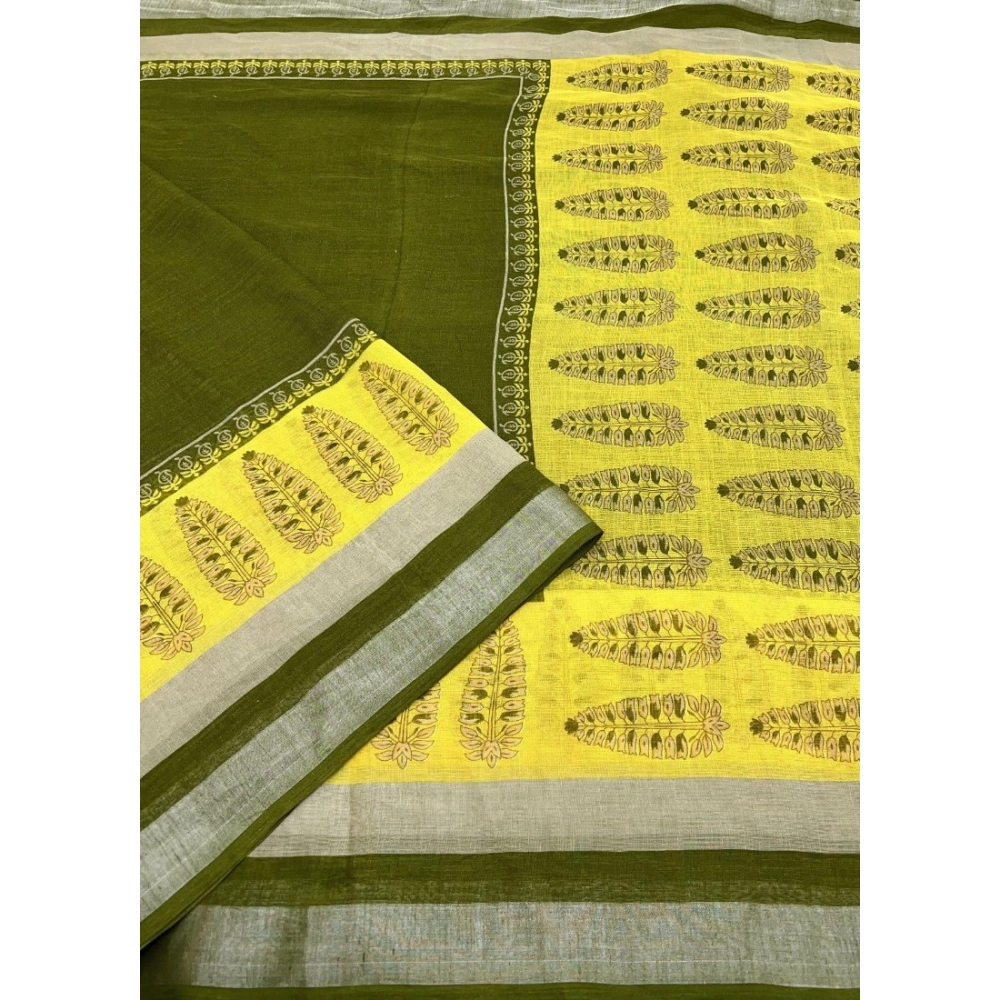 Women's Cotton Linen Printed Saree With Unstitched Blouse 5.5Mtr (Green) - Image 4