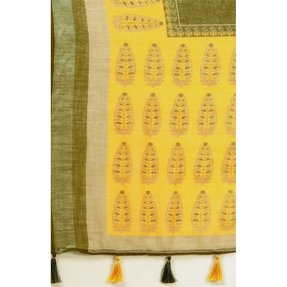 Women's Cotton Linen Printed Saree With Unstitched Blouse 5.5Mtr (Green) - Image 2