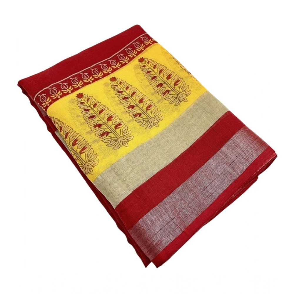 Women's Cotton Linen Printed Saree With Unstitched Blouse 5.5Mtr (Red) - Image 4