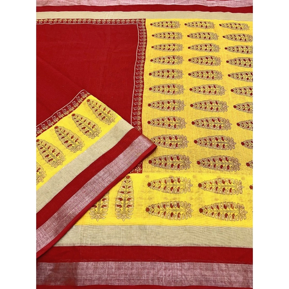 Women's Cotton Linen Printed Saree With Unstitched Blouse 5.5Mtr (Red) - Image 3
