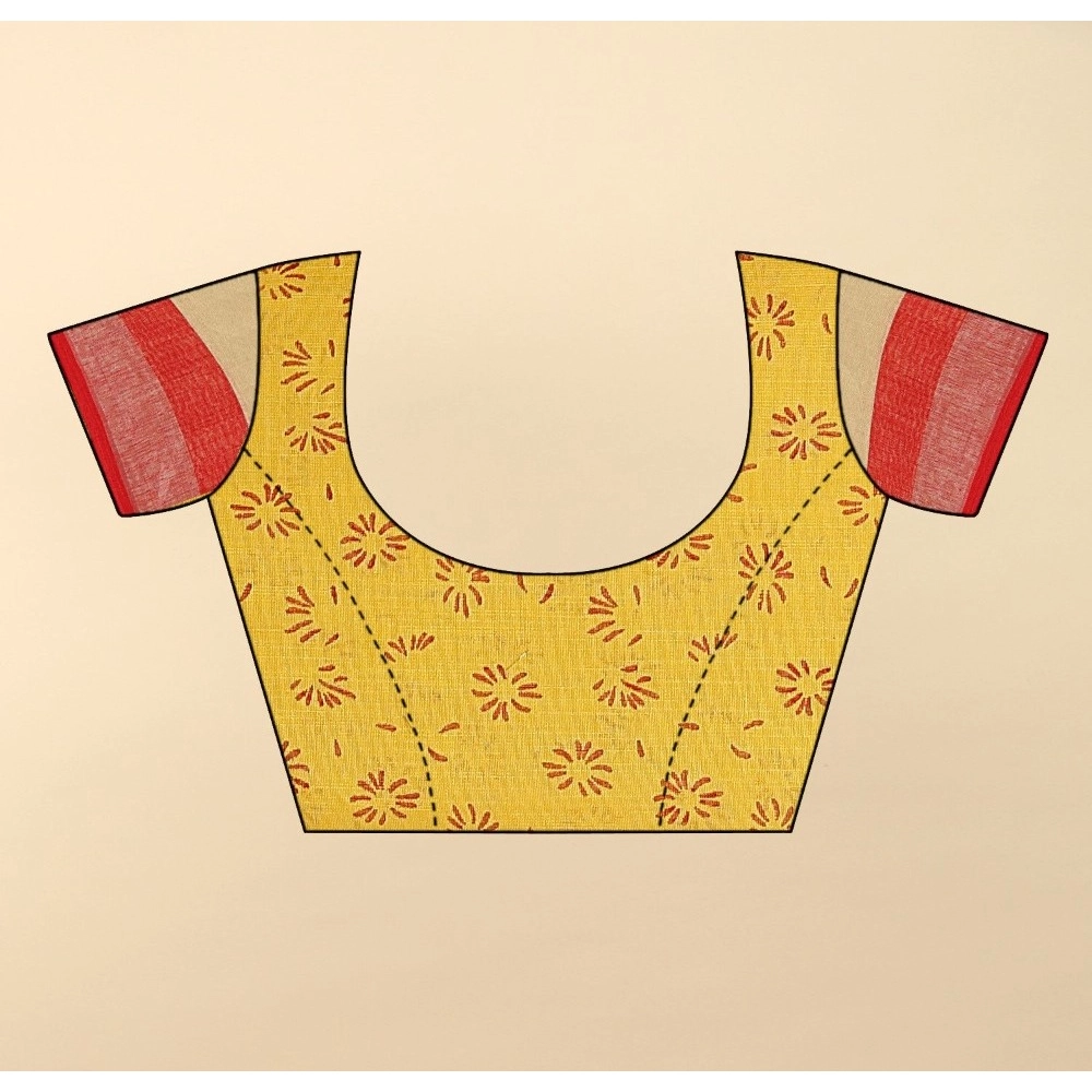 Women's Cotton Linen Printed Saree With Unstitched Blouse 5.5Mtr (Red) - Image 2