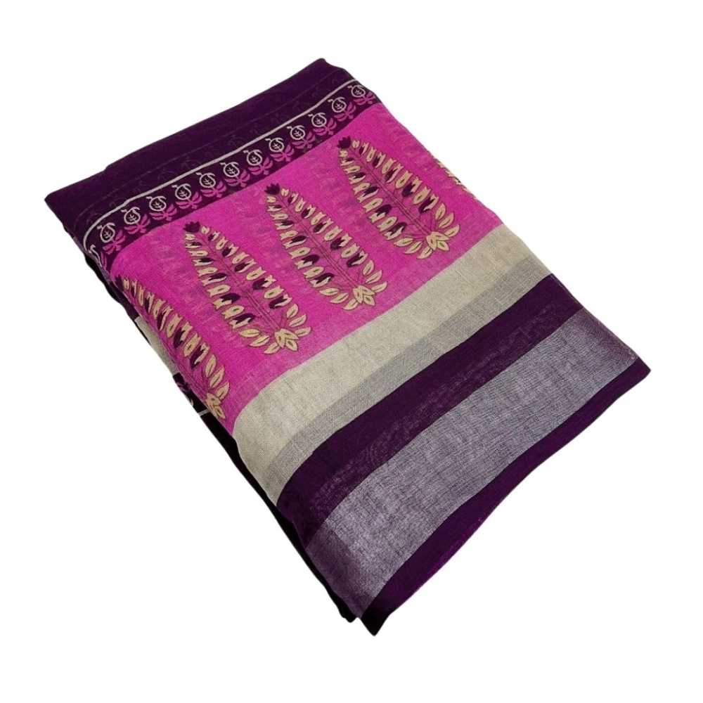 Women's Cotton Linen Printed Saree With Unstitched Blouse 5.5Mtr (Wine) - Image 5