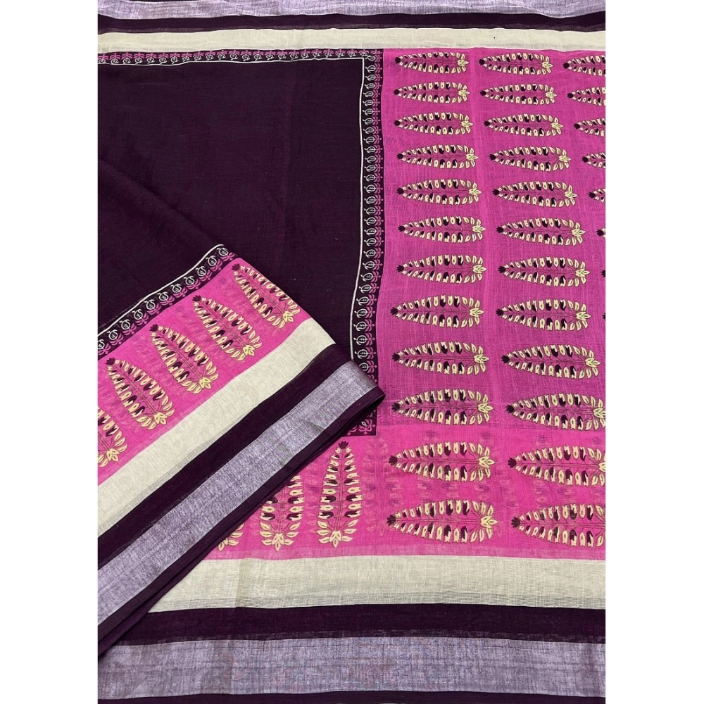 Women's Cotton Linen Printed Saree With Unstitched Blouse 5.5Mtr (Wine) - Image 4