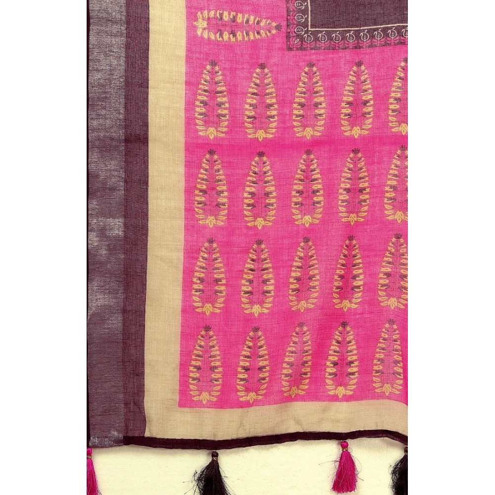 Women's Cotton Linen Printed Saree With Unstitched Blouse 5.5Mtr (Wine) - Image 2