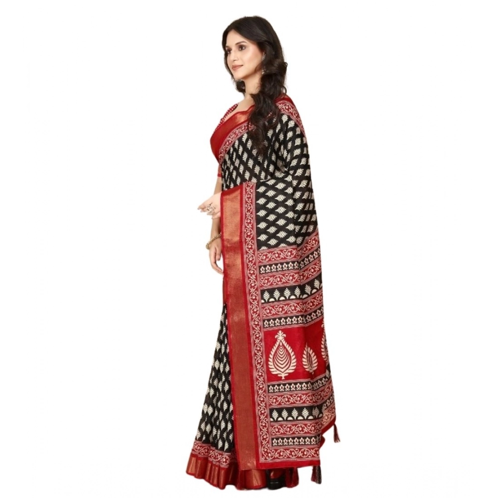Women's Cotton Silk Printed Saree With Unstitched Blouse 5.5Mtr (Black) - Image 5