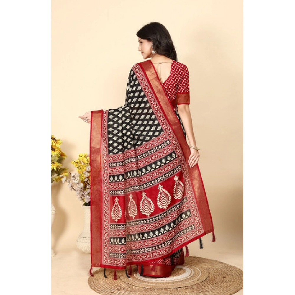 Women's Cotton Silk Printed Saree With Unstitched Blouse 5.5Mtr (Black) - Image 4
