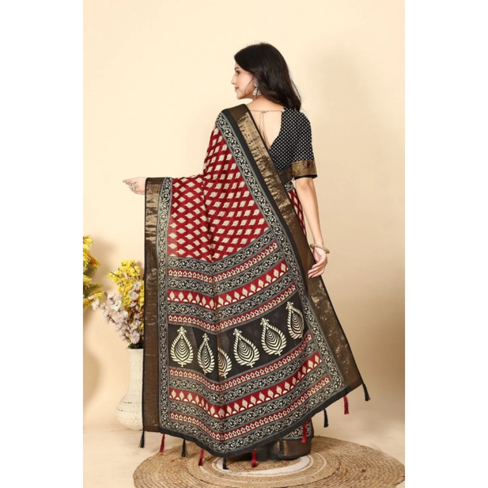 Women's Cotton Silk Printed Saree With Unstitched Blouse 5.5Mtr (Red) - Image 4