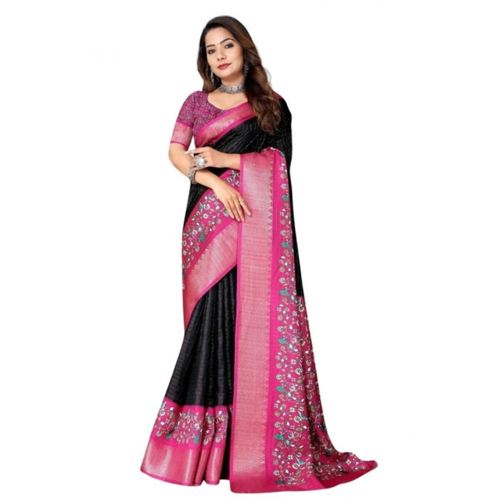 Women's Cotton Silk Printed Saree With Unstitched Blouse 5.5Mtr (Black-Pink) - Image 4