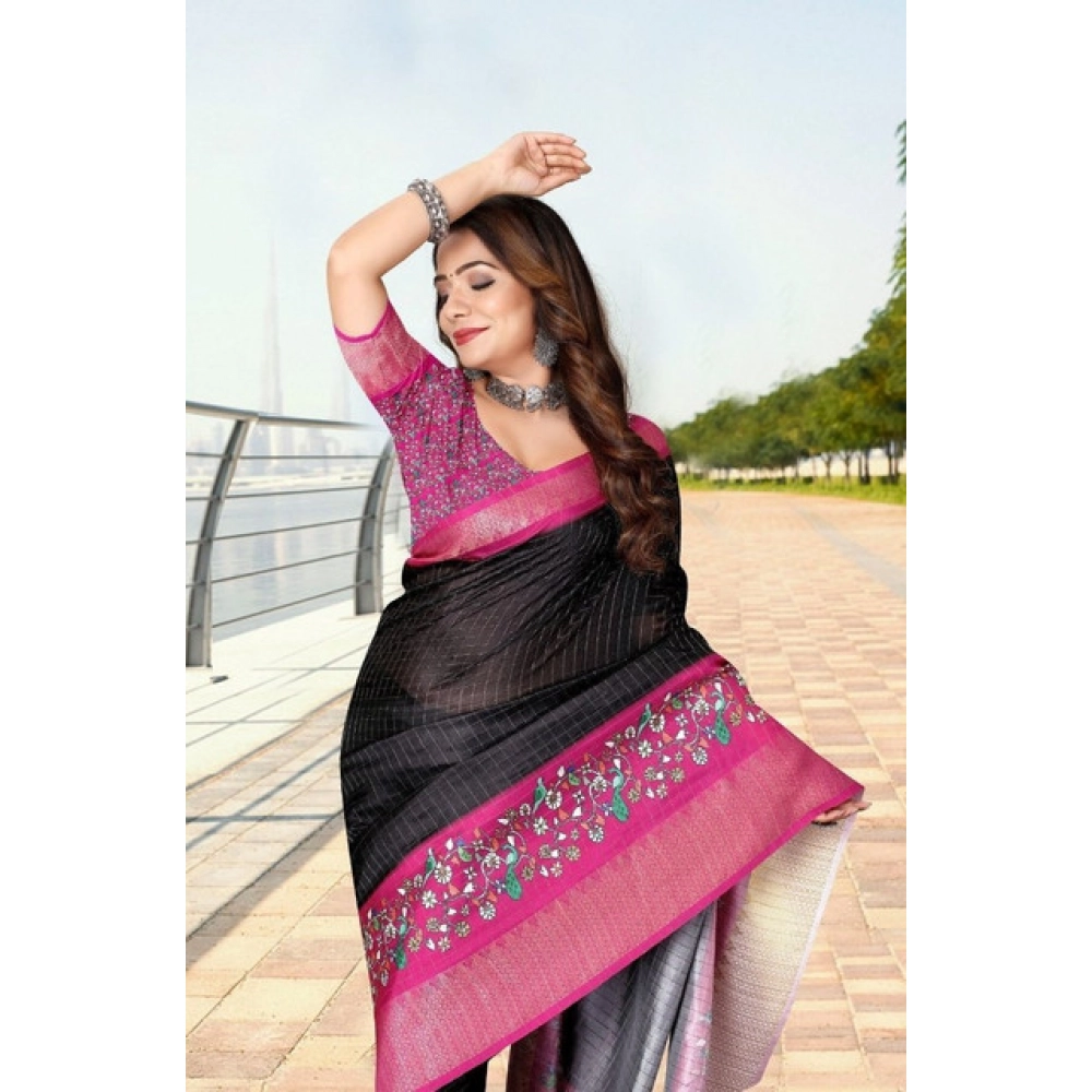 Women's Cotton Silk Printed Saree With Unstitched Blouse 5.5Mtr (Black-Pink) - Image 3