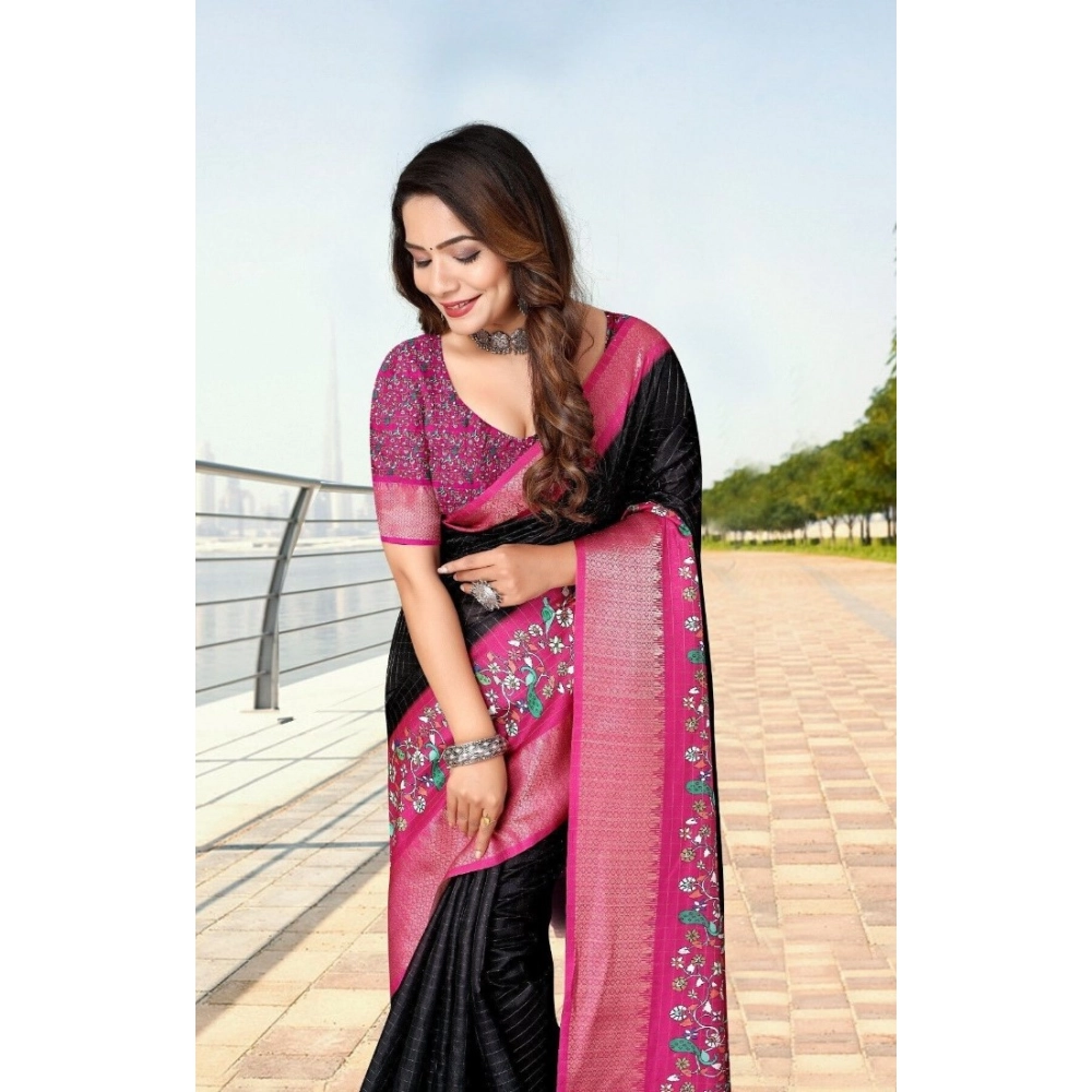 Women's Cotton Silk Printed Saree With Unstitched Blouse 5.5Mtr (Black-Pink) - Image 2