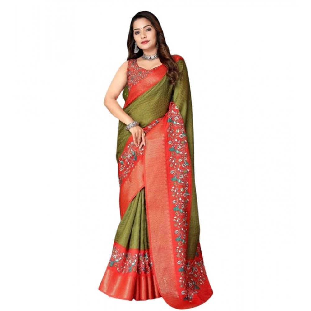 Women's Cotton Silk Printed Saree With Unstitched Blouse 5.5Mtr (Green-Red) - Image 4