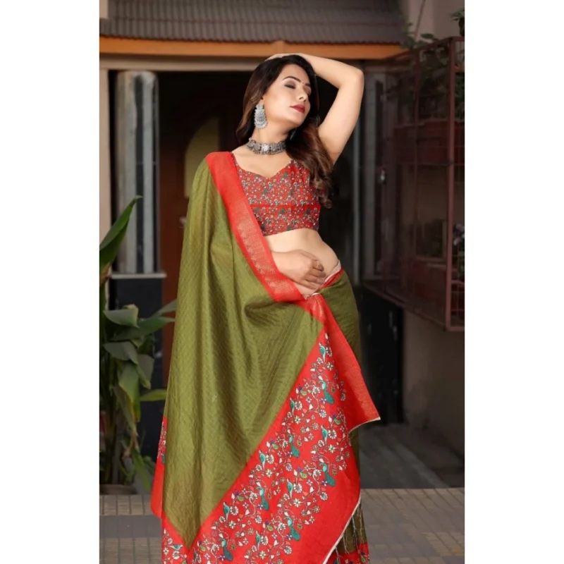 Alternative view of Women's Cotton Silk Printed Saree With Unstitched Blouse 5.5Mtr (Green-Red)