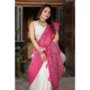 Women's Cotton Silk Printed Saree With Unstitched Blouse 5.5Mtr (White-Pink)