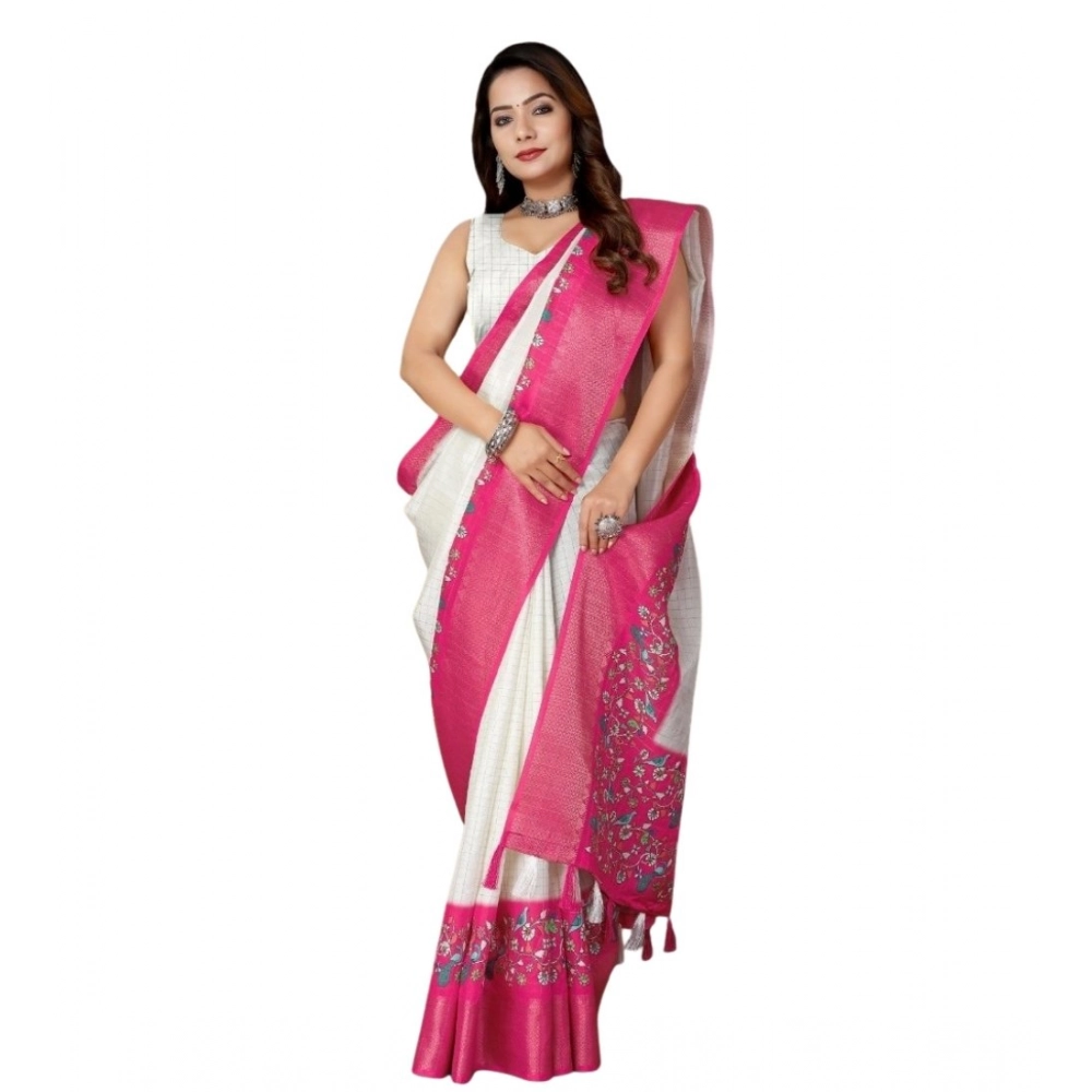 Women's Cotton Silk Printed Saree With Unstitched Blouse 5.5Mtr (White-Pink) - Image 4