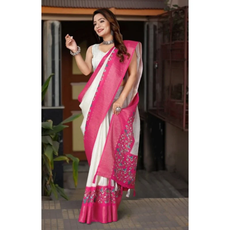 Alternative view of Women's Cotton Silk Printed Saree With Unstitched Blouse 5.5Mtr (White-Pink)
