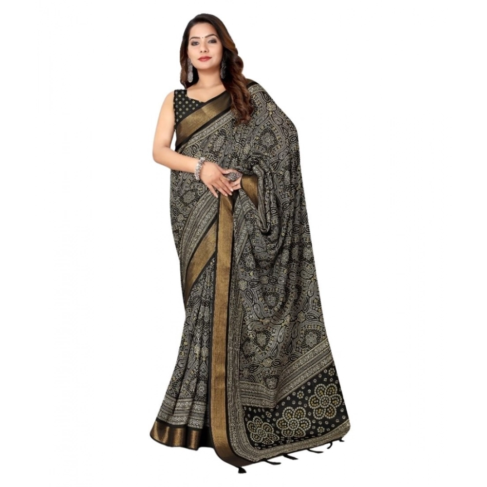Women's Cotton Silk Printed Saree With Unstitched Blouse 5.5Mtr (Black) - Image 5