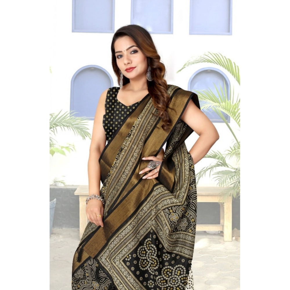 Women's Cotton Silk Printed Saree With Unstitched Blouse 5.5Mtr (Black) - Image 4