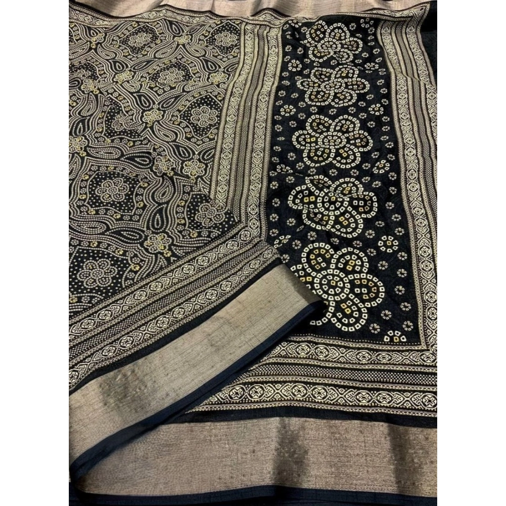 Women's Cotton Silk Printed Saree With Unstitched Blouse 5.5Mtr (Black) - Image 3