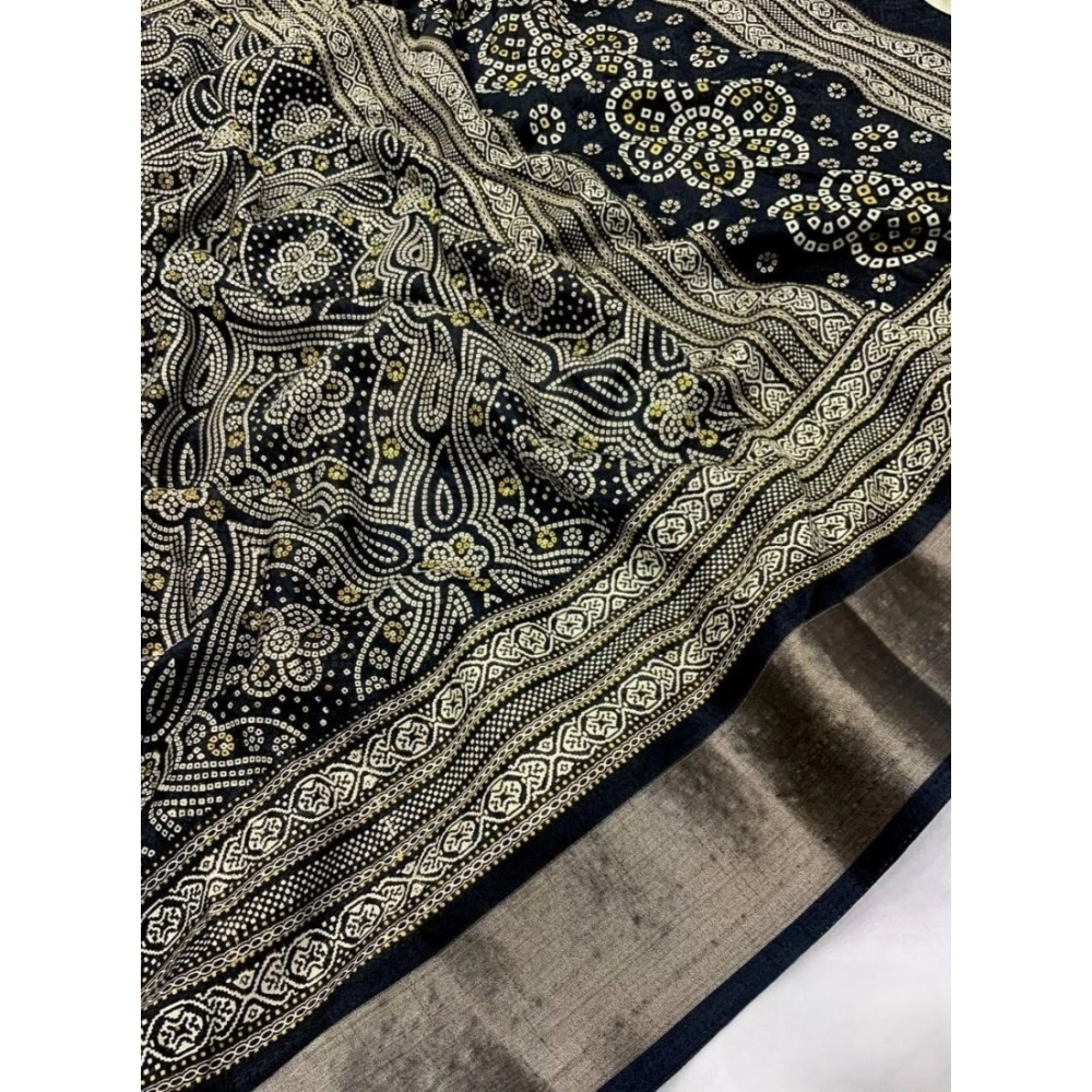 Women's Cotton Silk Printed Saree With Unstitched Blouse 5.5Mtr (Black) - Image 2
