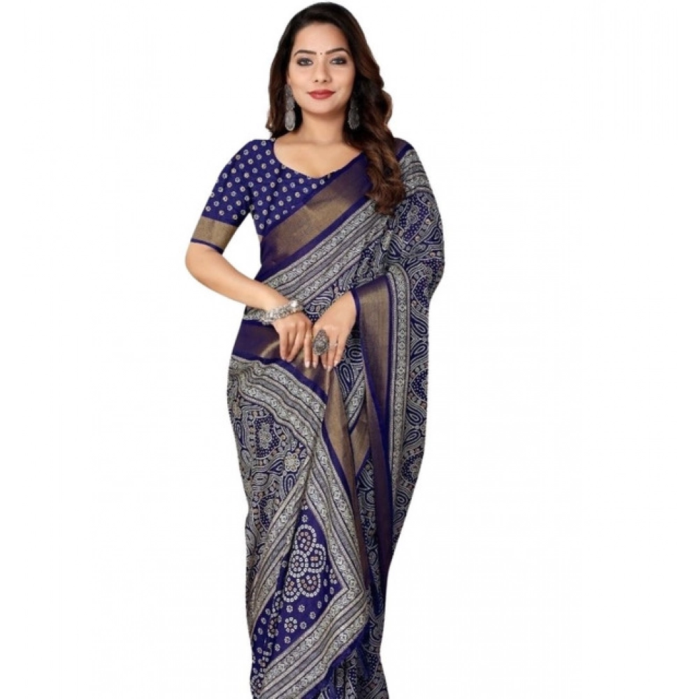 Women's Cotton Silk Printed Saree With Unstitched Blouse 5.5Mtr (Blue) - Image 5