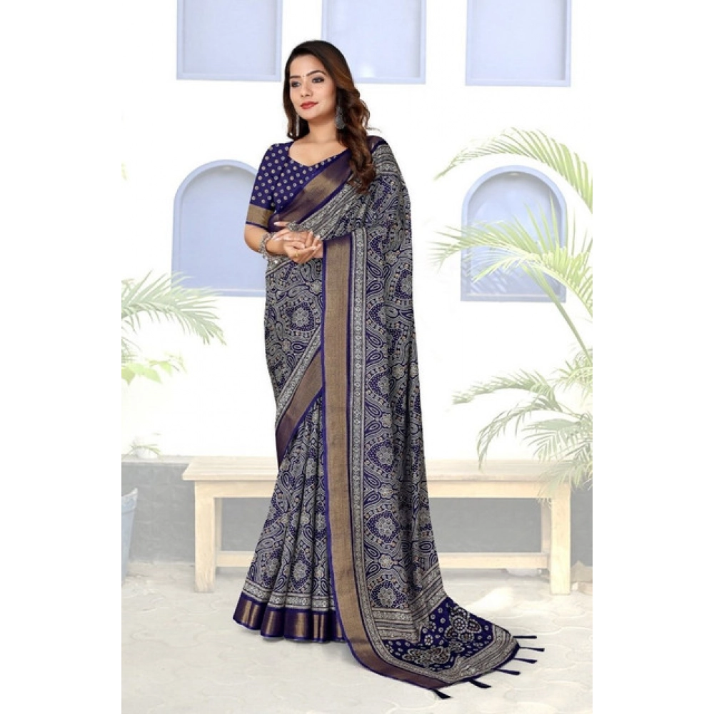 Women's Cotton Silk Printed Saree With Unstitched Blouse 5.5Mtr (Blue) - Image 4