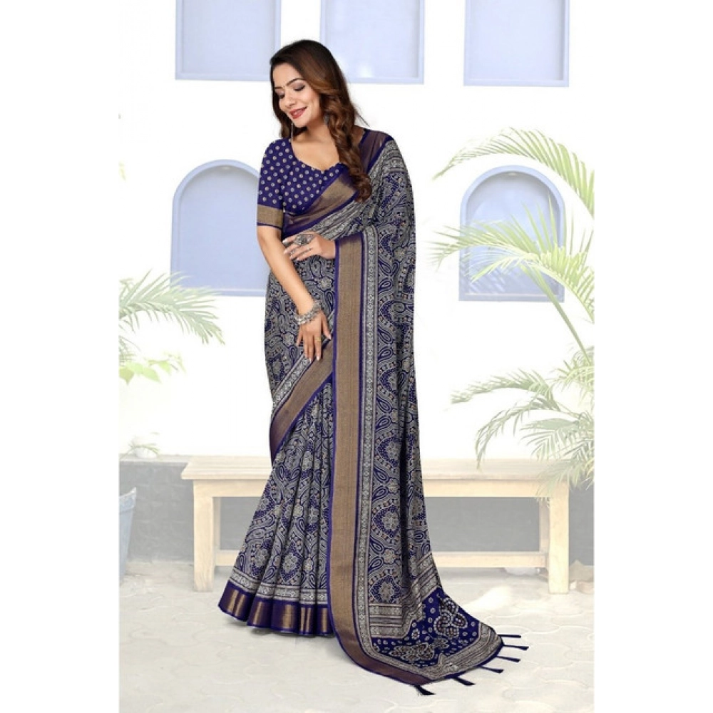 Women's Cotton Silk Printed Saree With Unstitched Blouse 5.5Mtr (Blue) - Image 3