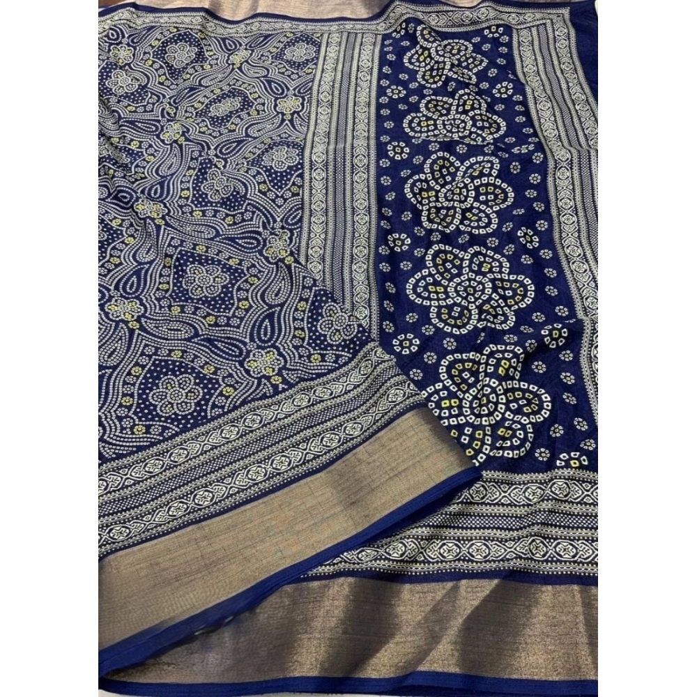 Women's Cotton Silk Printed Saree With Unstitched Blouse 5.5Mtr (Blue) - Image 2