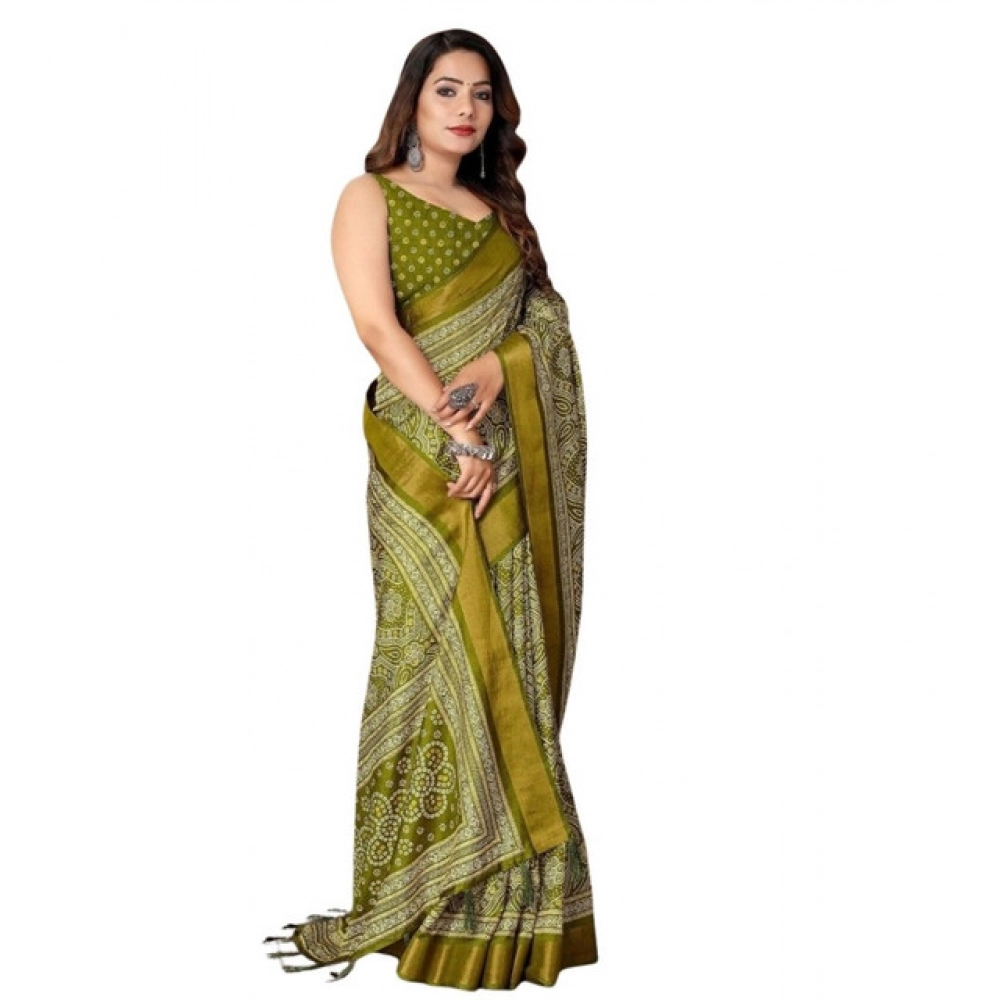 Women's Cotton Silk Printed Saree With Unstitched Blouse 5.5Mtr (Green) - Image 5