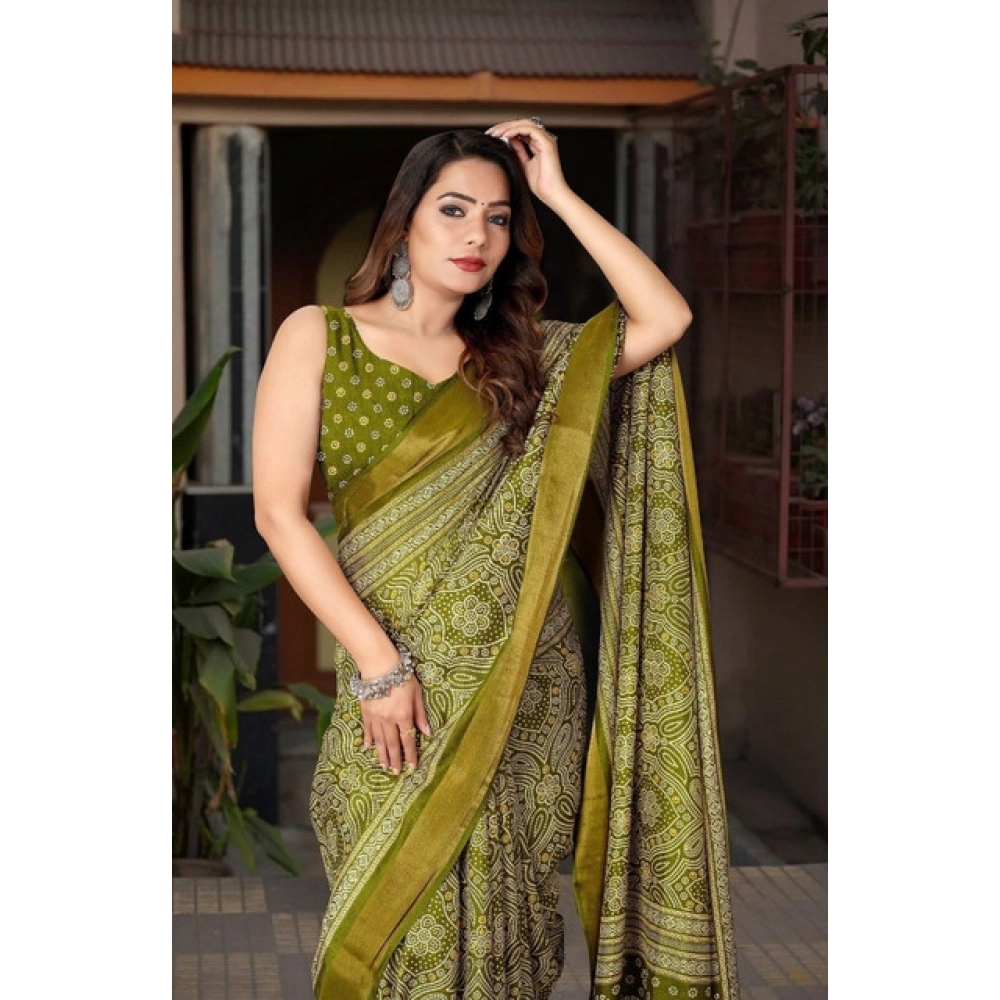Women's Cotton Silk Printed Saree With Unstitched Blouse 5.5Mtr (Green) - Image 4