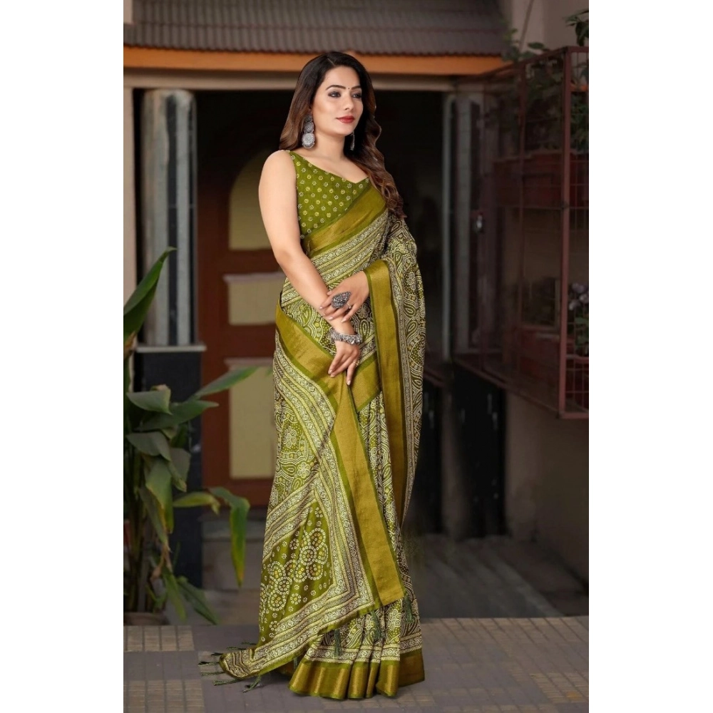 Women's Cotton Silk Printed Saree With Unstitched Blouse 5.5Mtr (Green) - Image 3