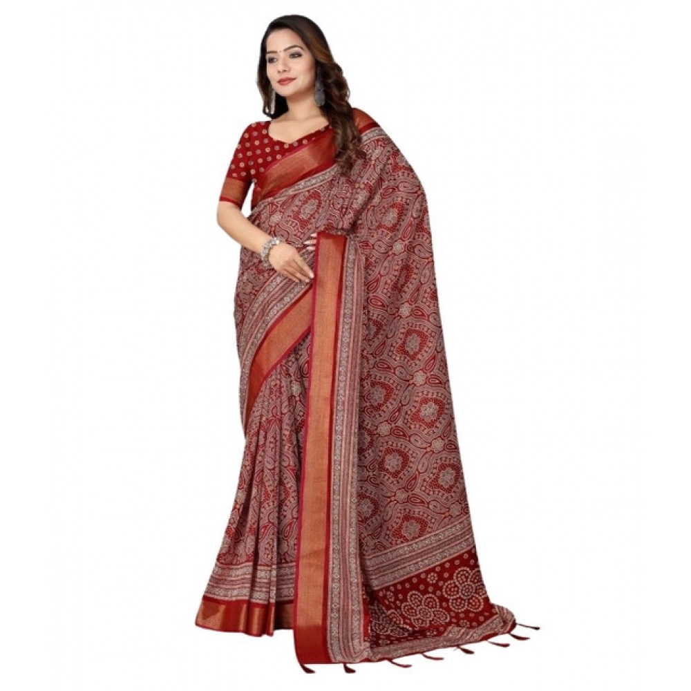 Women's Cotton Silk Printed Saree With Unstitched Blouse 5.5Mtr (Maroon) - Image 5