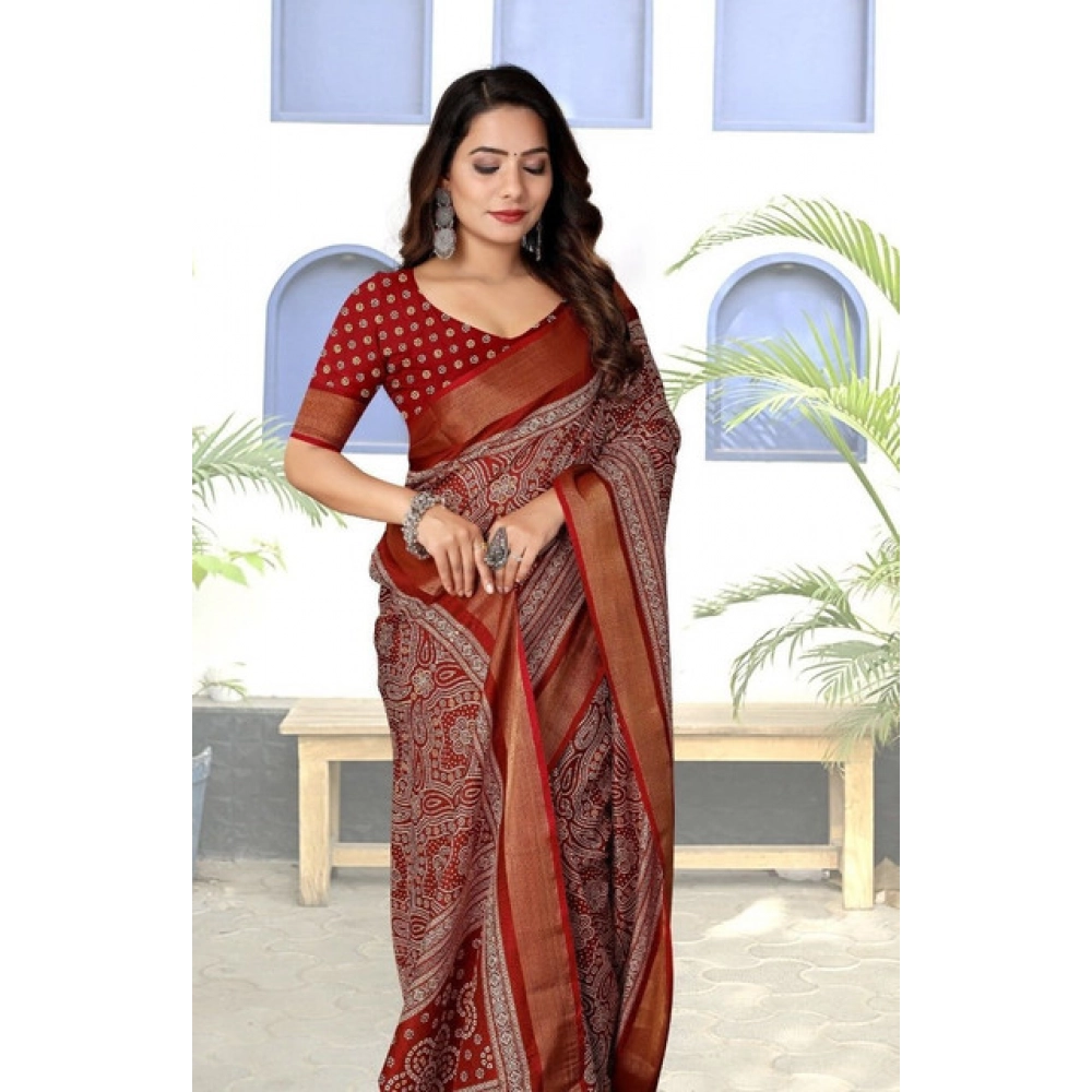 Women's Cotton Silk Printed Saree With Unstitched Blouse 5.5Mtr (Maroon) - Image 4
