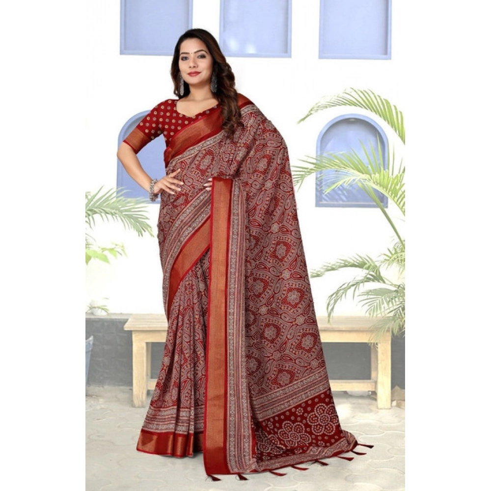 Women's Cotton Silk Printed Saree With Unstitched Blouse 5.5Mtr (Maroon) - Image 3