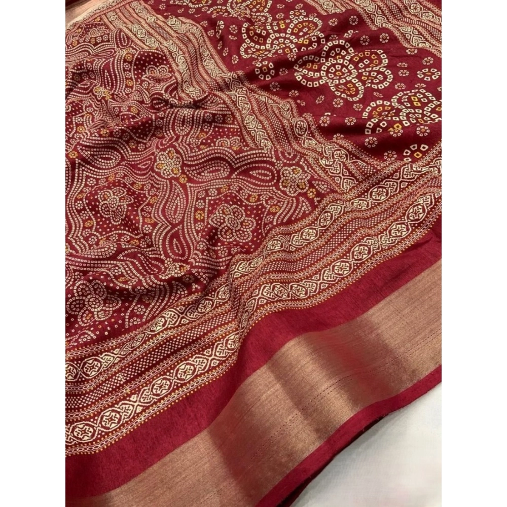Women's Cotton Silk Printed Saree With Unstitched Blouse 5.5Mtr (Maroon) - Image 2