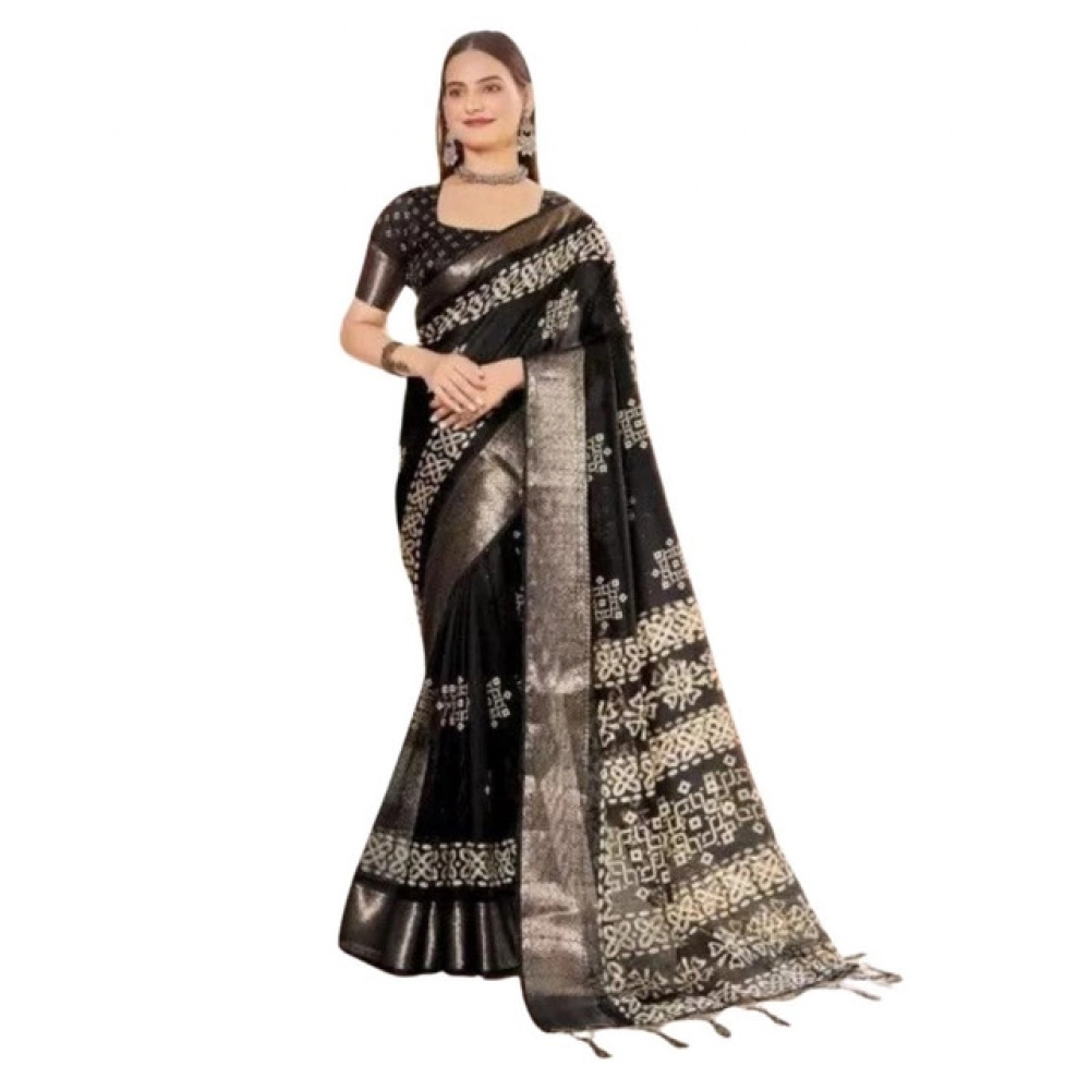 Women's Cotton Silk Printed Saree With Unstitched Blouse 5.5Mtr (Black) - Image 5