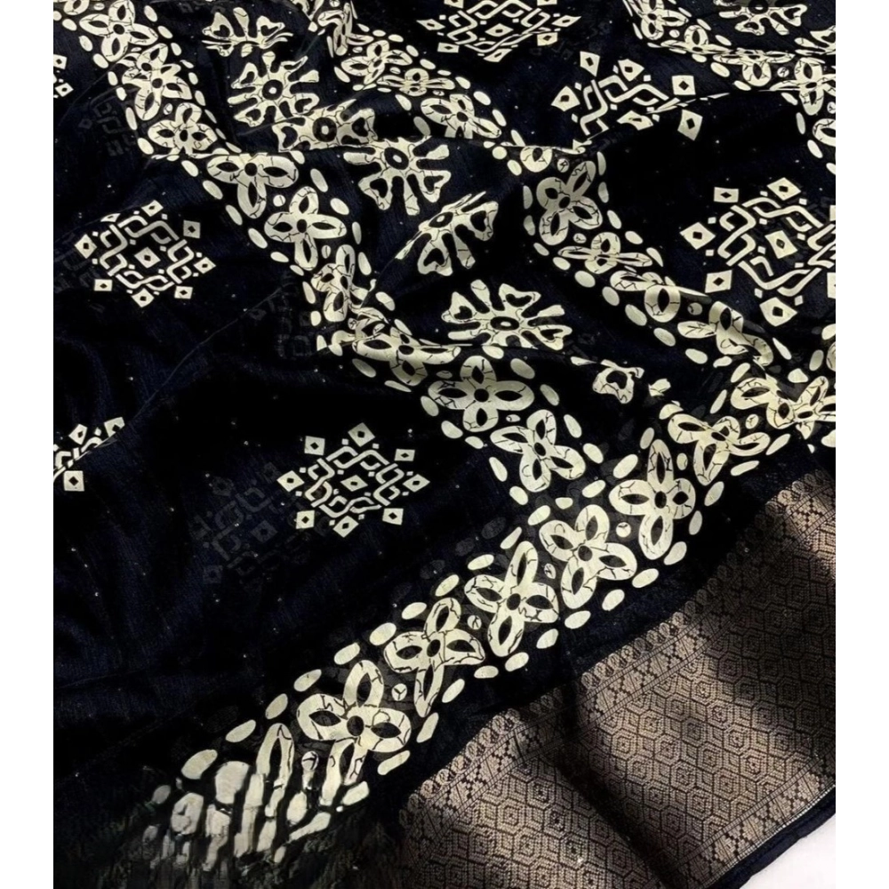 Women's Cotton Silk Printed Saree With Unstitched Blouse 5.5Mtr (Black) - Image 3