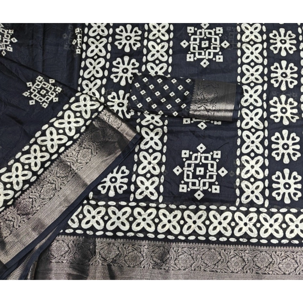 Women's Cotton Silk Printed Saree With Unstitched Blouse 5.5Mtr (Black) - Image 2