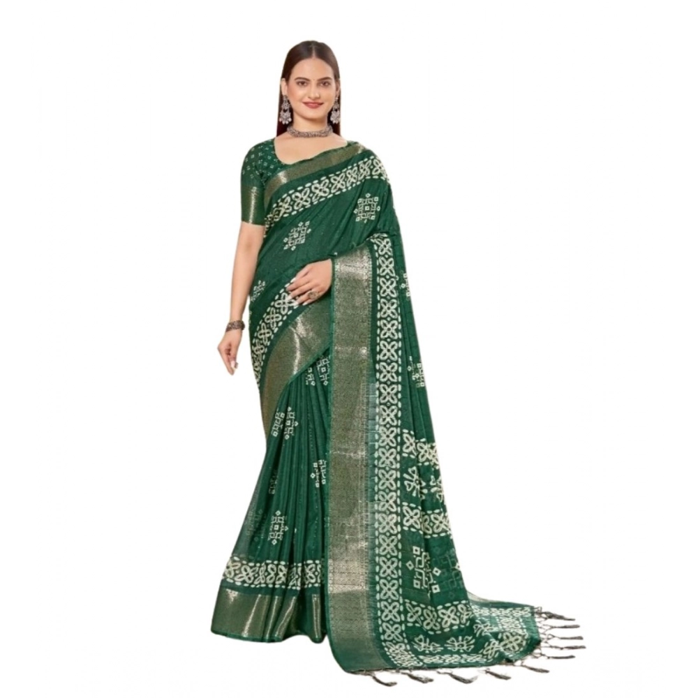Women's Cotton Silk Printed Saree With Unstitched Blouse 5.5Mtr (Green) - Image 4