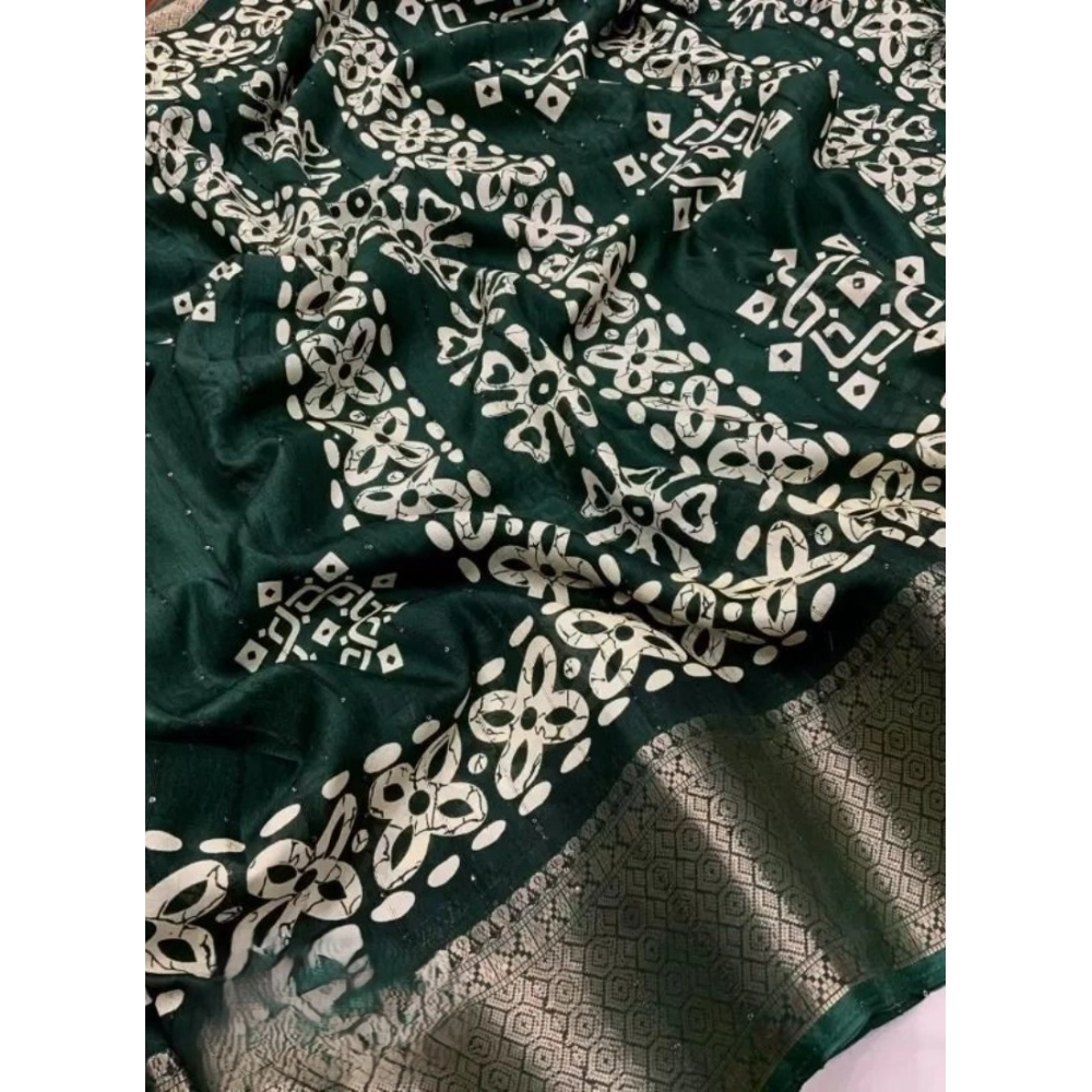 Women's Cotton Silk Printed Saree With Unstitched Blouse 5.5Mtr (Green) - Image 2