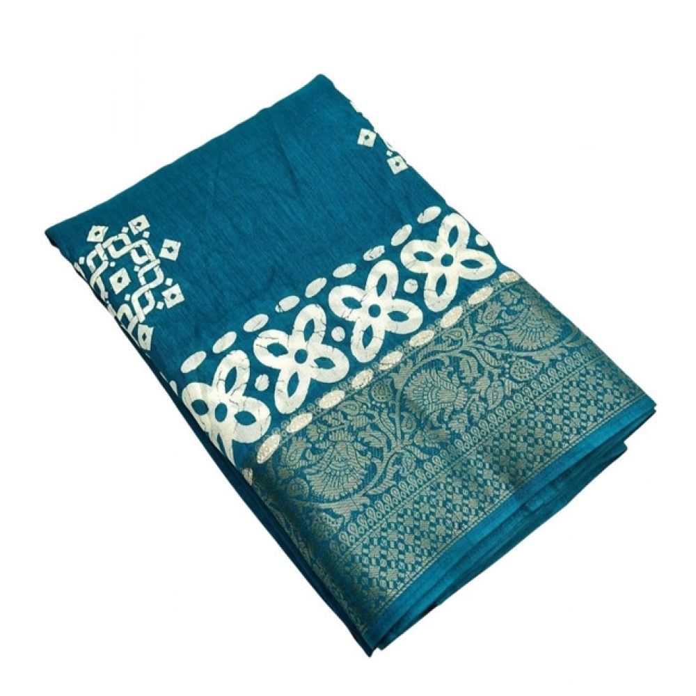 Women's Cotton Silk Printed Saree With Unstitched Blouse 5.5Mtr (Rama) - Image 3