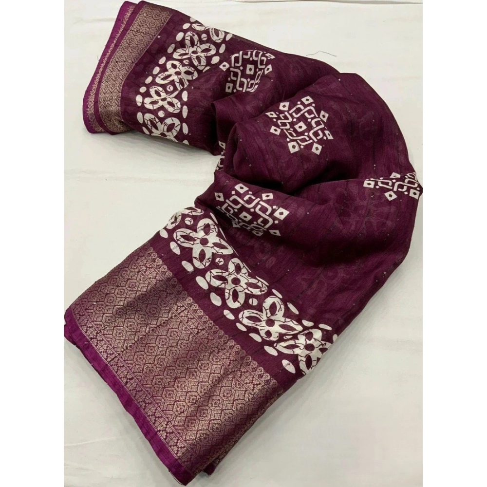 Women's Cotton Silk Printed Saree With Unstitched Blouse 5.5Mtr (Wine) - Image 3