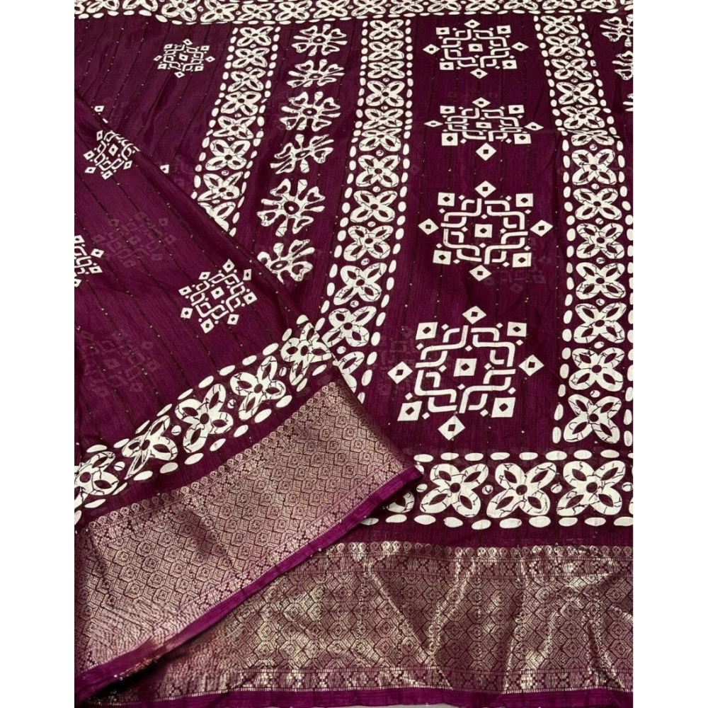 Women's Cotton Silk Printed Saree With Unstitched Blouse 5.5Mtr (Wine) - Image 2
