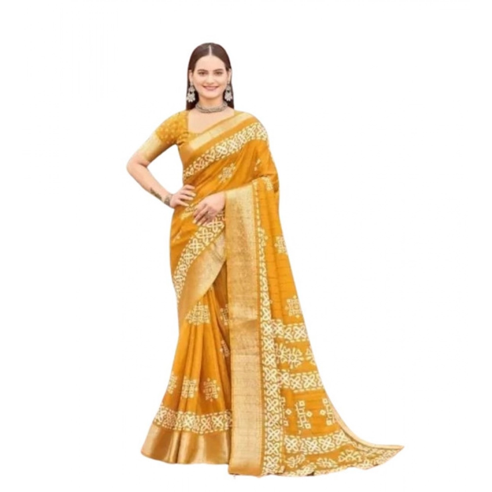 Women's Cotton Silk Printed Saree With Unstitched Blouse 5.5Mtr (Yellow) - Image 4