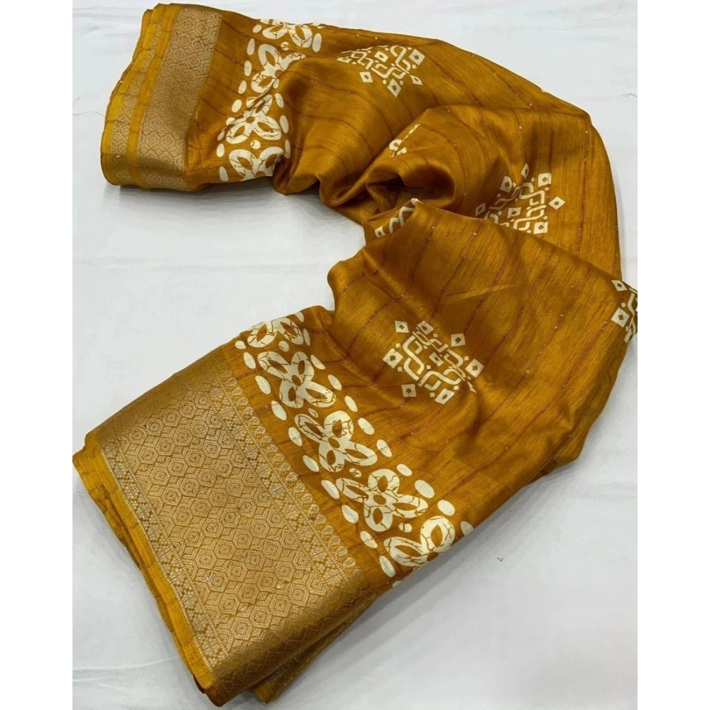 Women's Cotton Silk Printed Saree With Unstitched Blouse 5.5Mtr (Yellow) - Image 3