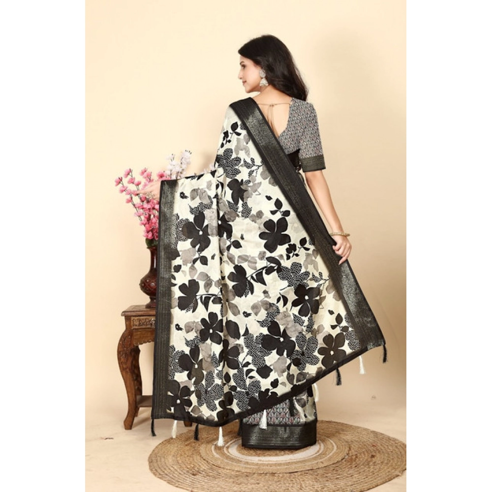 Women's Cotton Silk Floral Printed Saree With Unstitched Blouse 5.5Mtr (Multicolor) - Image 5